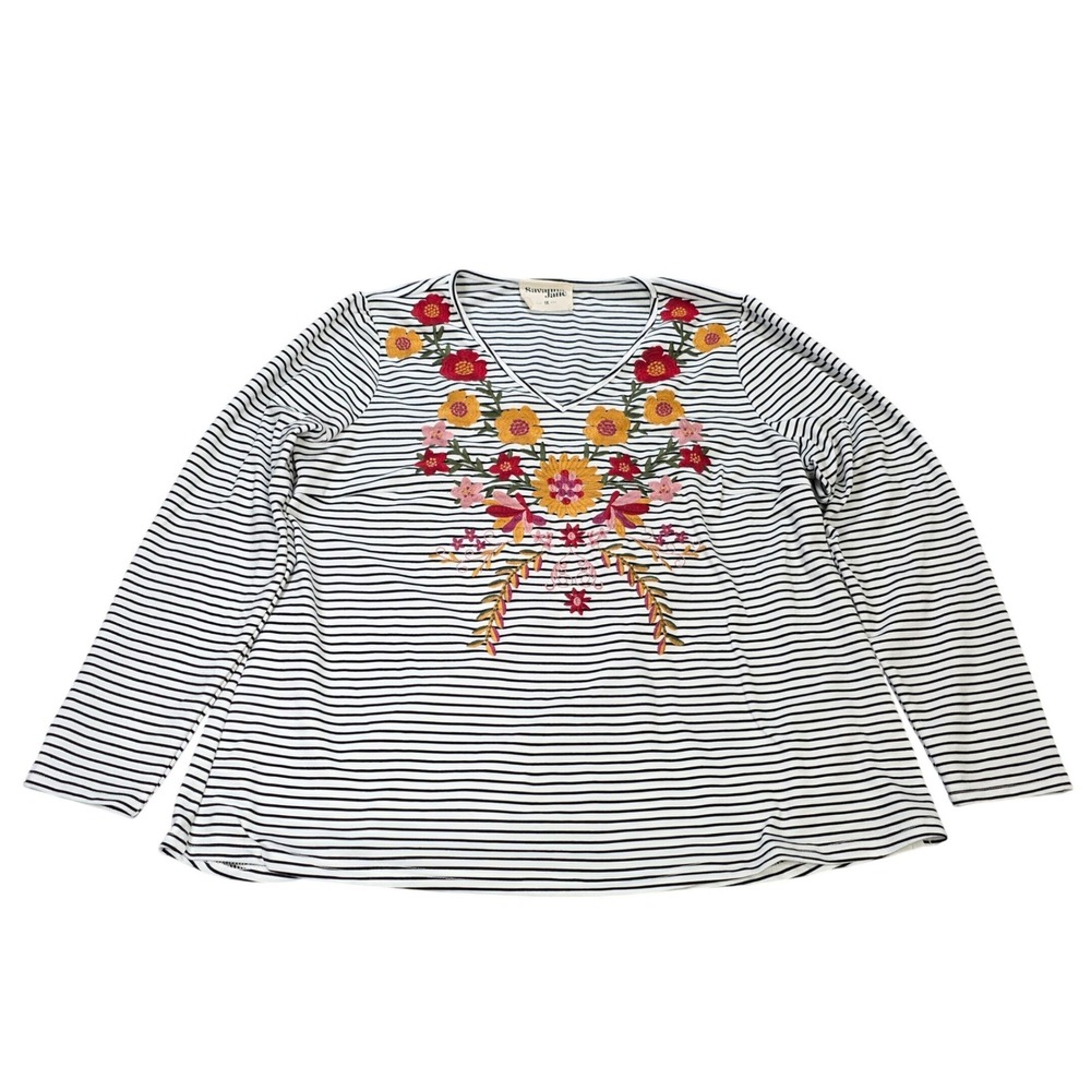 Savanna Jane Striped Floral Blouse Women's Siz 1X Black White Embroidered V-Neck